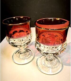 2078.  Set of 2 Vintage Ruby Cranberry  Thumbprint Kings Crown Stemmed Goblets